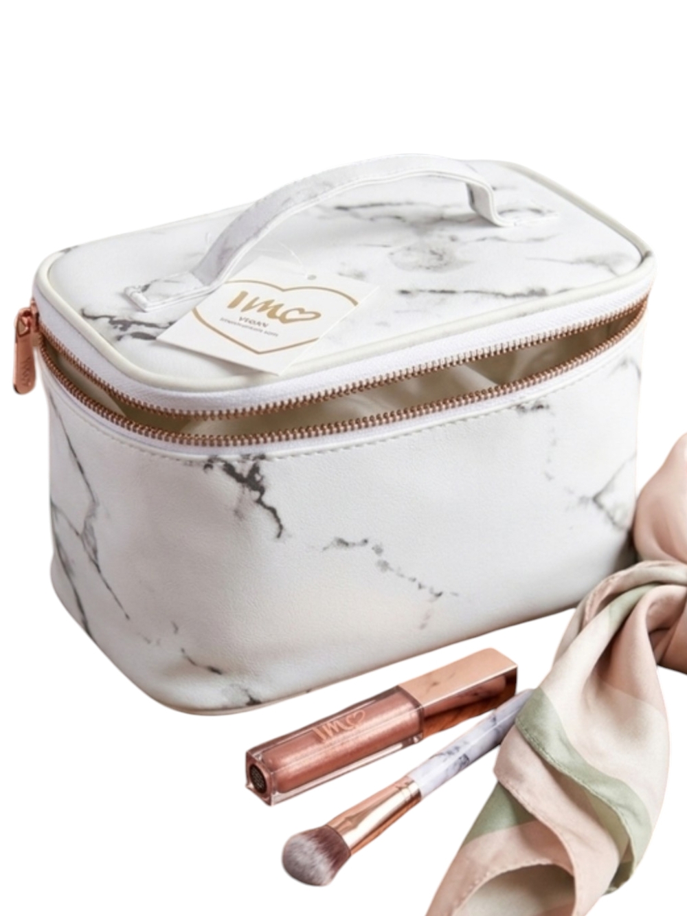 Marble Print Cosmetic Train Case - White with Rose Gold Accents New With Tags